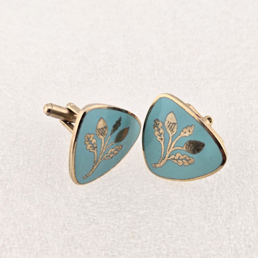 Vintage Cufflinks Enamel Acorn Retro Mid Century Gold Tone Turquoise Blue